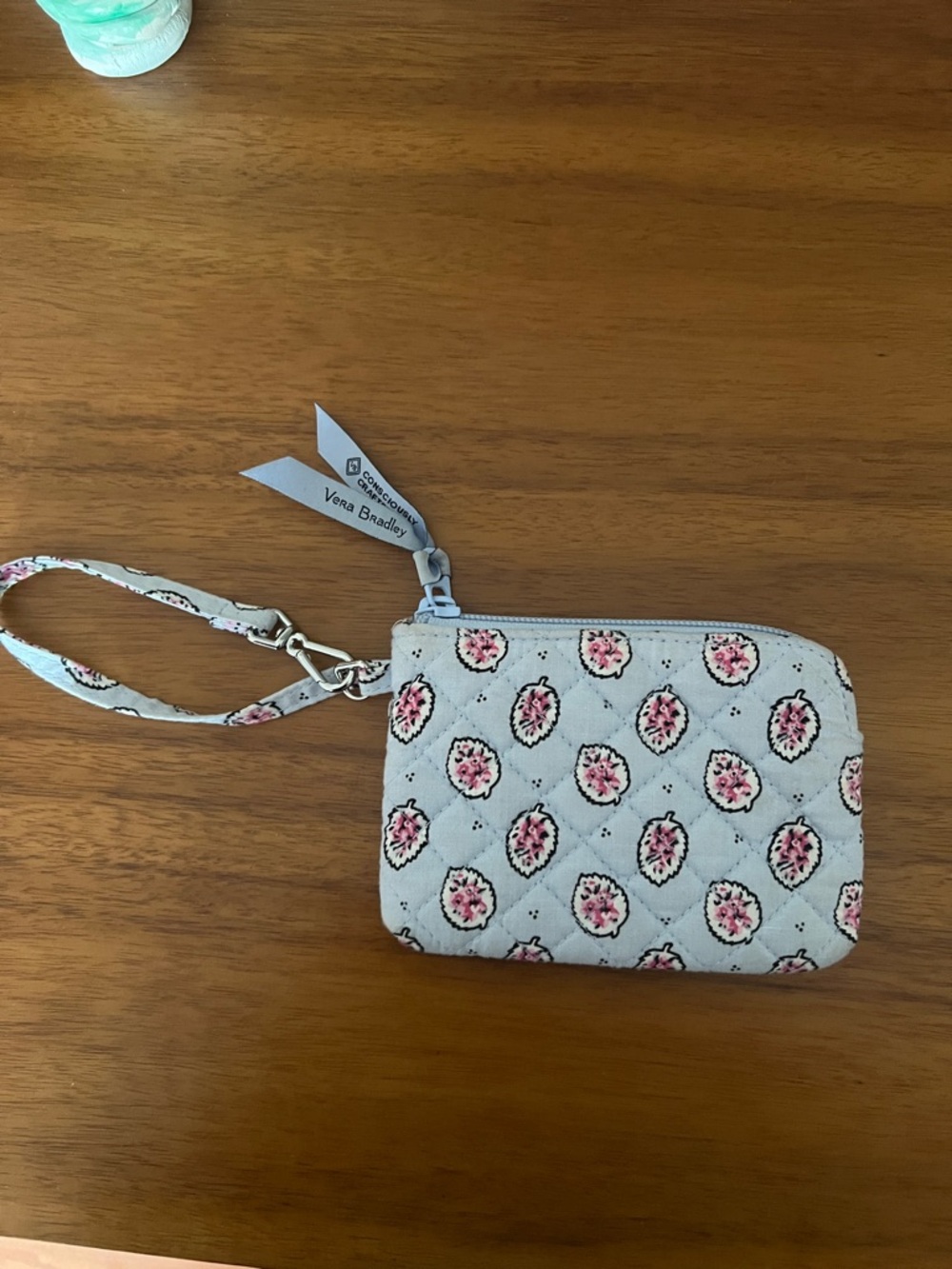 Vera Bradley Light Blue Quilted Floral Wristlet with Pink Accents